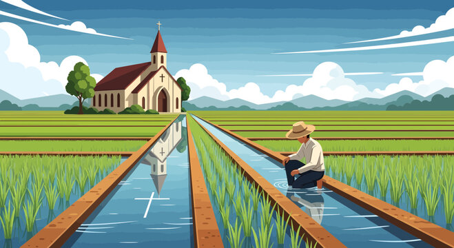 Man working in rice paddy field.