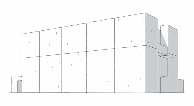 Stylized concrete building blocks, geometric structure, monochrome, abstract representation