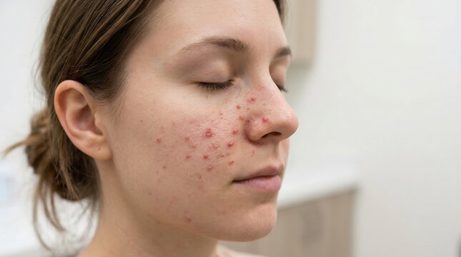 Close-up profile of a woman's face showing red skin lesions and inflammatory acne on the cheek and nose