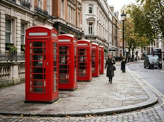 Obraz premium Classic Red Telephone Booths on Historic London Street England
