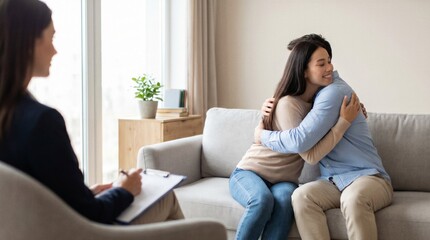 Fototapeta premium Couple embracing during relationship counseling with therapist taking notes, conveying reconciliation, emotional support, forgiveness and healing in a therapy office.