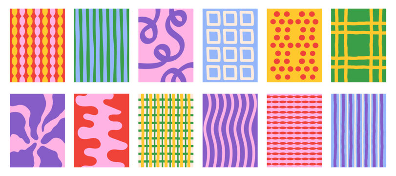 Abstract set vertical retro vintage backgrounds with colorful hand drawn shapes. Trendy vector illustration
