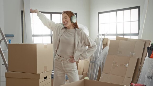 Woman dancing with smartphone raised and hand on hip, wearing headphones amid stacked moving boxes in a building; joyful moving celebration.