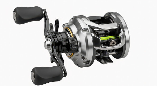 Close up of a modern baitcasting fishing reel with black and silver finish on transparent background