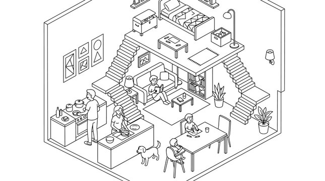 Isometric loft apartment interior with family daily activities