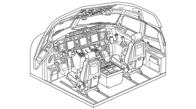 Detailed aircraft cockpit interior line art showing flight deck
