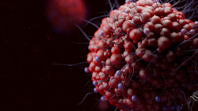 A colony of hantavirus under a microscope. A detailed 3D image of infectious viral particles.	