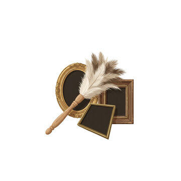 Decorative picture frames and feather duster in vintage style  