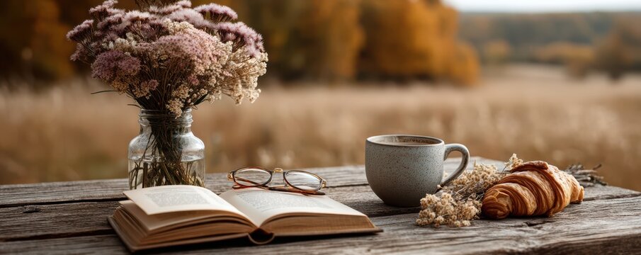 Rustic table setup with book, coffee, croissant, and flowers in autumn