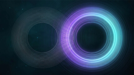 Fototapeta premium Abstract technology background with luminous neon rings and blue connections. Digital infinity symbol concept with concentric light lines and futuristic innovation theme.