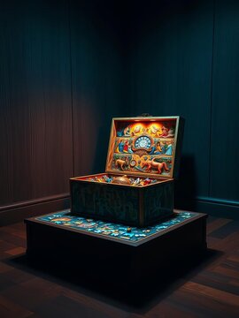 Intricate puzzle box awaits discovery in dimly lit room,  clue,  puzzle