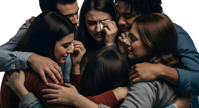 A group of people crying and hugging each other in a moment of sorrow and support