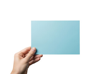 Fototapeta premium Hand holding a light blue index card isolated on transparent background