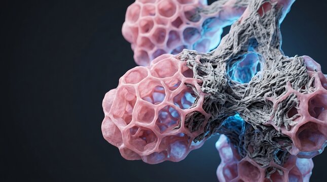 3D medical illustration showing lung alveoli with fibrous scar tissue depicting pulmonary fibrosis on a dark background