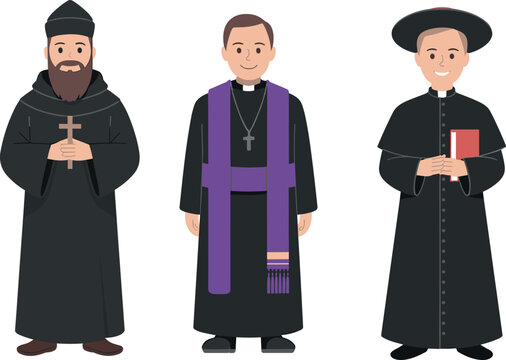 Christian Clergy Characters Set with Priest Monk Bishop Religious Leaders in Traditional Robes for Church Illustration