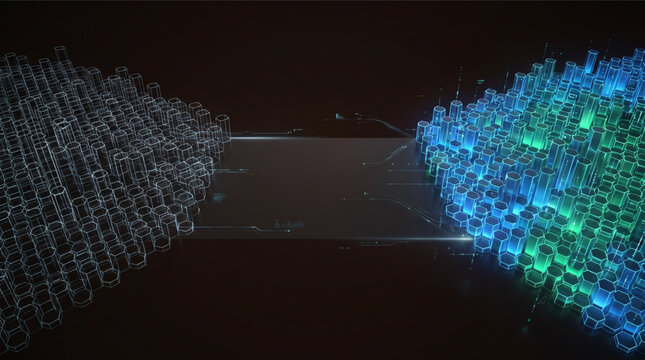 Abstract technology background with glowing hexagonal pillars and wireframe mesh. Futuristic data transfer concept with digital bridge for AI and cloud computing theme.