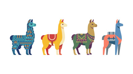 Obraz premium This image features a collection of llamas adorned with intricate patterns and vibrant colors, showcasing cultural art and diversity in an eye-catching style.