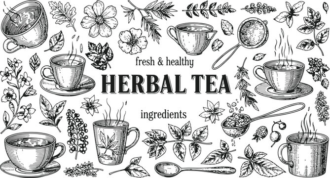 Herbal tea ingredients and cups in a hand-drawn botanical illustration style