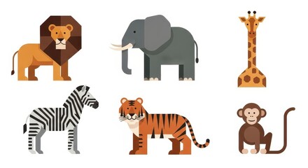 Naklejka premium Flat Geometric African Safari Animal Icons Set Including Lion Elephant Giraffe Zebra Tiger