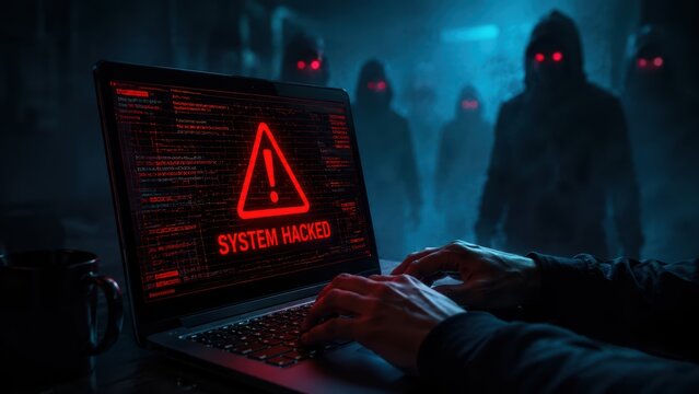 Dark Background with Hacker Typing and Threatening Shadows in Cybersecurity Environment