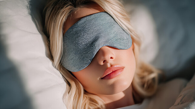 Young woman peacefully sleeping in bed with a soft blue sleep mask covering her eyes, enjoying restful and undisturbed sleep. Morning sunlight gently illuminates her serene face