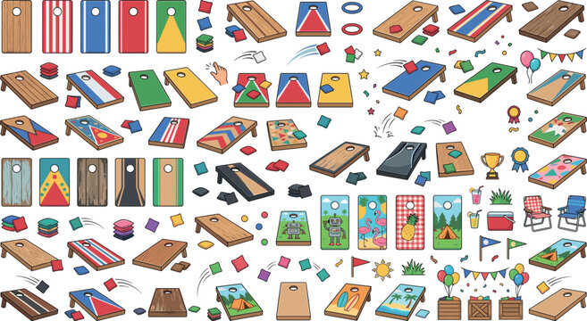Cornhole Game Board Collection with Bean Bags Toss Targets Outdoor Party Carnival Backyard and Summer Festival Elements