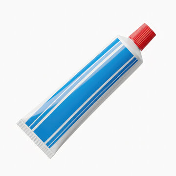 Realistic blue and white toothpaste tube with red cap isolated on transparent background