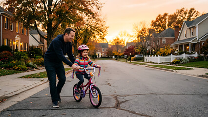 Obraz premium A father helping his daughter ride a bicycle in a quiet neighborhood street during sunset.