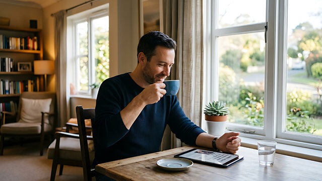 A man drinking coffee while reading news on a tablet near a window in the morning.