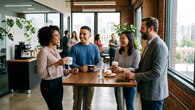 A group of coworkers casually talking during a coffee break in a modern office.