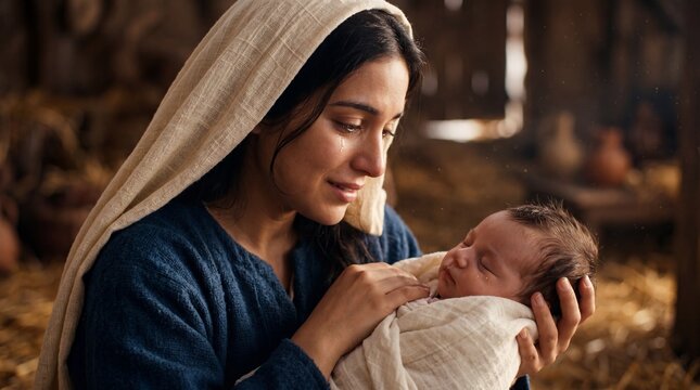 Virgin Mary holding infant Jesus Christ in a humble stable setting with soft lighting highlighting the peaceful connection between mother and child during the sacred nativity scene at night