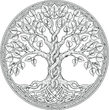 Intricate Celtic tree of life in circular engraving style with detailed roots and branches