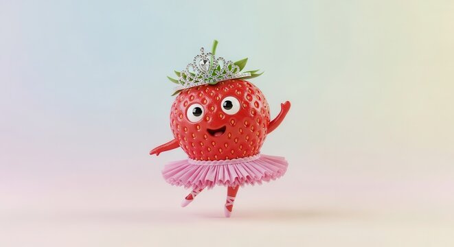 Cute Strawberry Ballerina Character with Tiara and Pink Tutu Dancing on Pastel Background