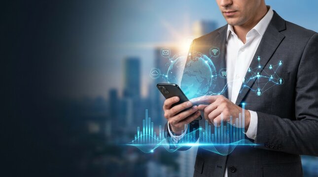Global Digital Transformation Concept: Businessman Using Smartphone with Futuristic Holographic Interface, Connectivity Icons, Financial Data Graphs and Large Copy Space