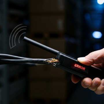 Profile side view of an RFID scanning wand passing over a damaged cable bundle, showing a red 'ERROR' light. Dark industrial background, supply chain security failure, photorealistic.