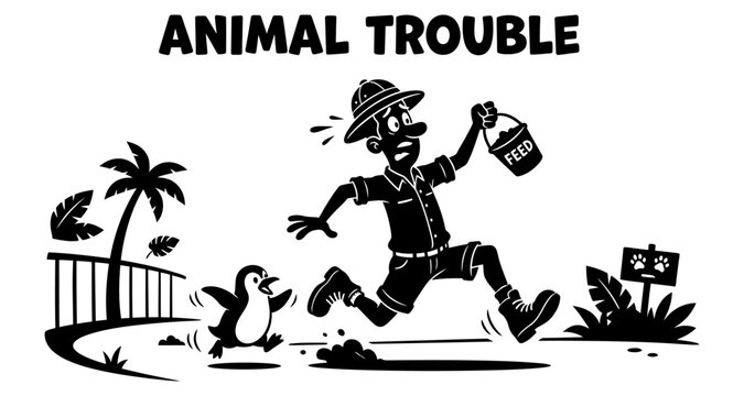 Zoo keeper chasing penguin with feed bucket during a playful escape in silhouette style