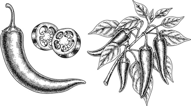 Jalapeno pepper and plant branch with leaves in detailed engraving style on white background