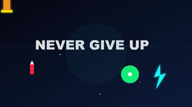 Motivational quote, NEVER GIVE UP, typography, inspirational text, colorful icons, dark background