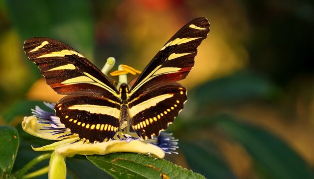 Zebra Longwing Butterfly on Passion Flower in Florida at Golden Hour