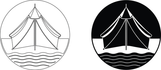 Camp tent design featuring mountain or nature landscape element inside circular emblem. © kajallata