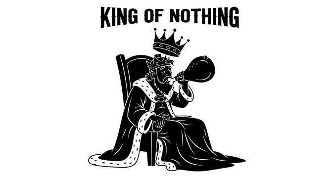 King silhouette sitting on throne blowing horn with crown in stark contrast