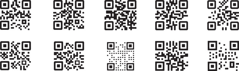 Fototapeta premium Vector illustration Set of qr code black and white icons for quick response on transparent background.