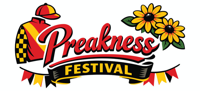Preakness Festival horse racing celebration logo with jockey silks, helmet, flowing script lettering, bright sunflowers and festive ribbons, perfect for event posters, programs, tickets and souvenir m