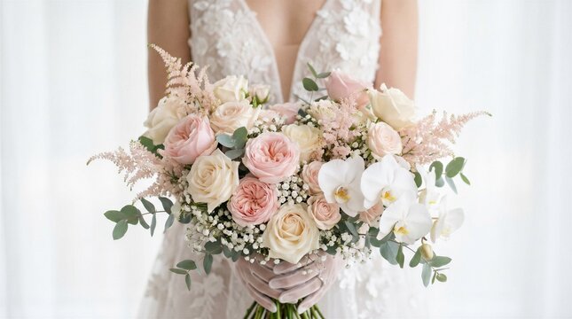 Bride holding elegant pastel wedding bouquet with pink and cream roses, romantic floral arrangement for luxury ceremony.