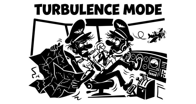 Pilots in cockpit during turbulence with paper map and instruments vector silhouette