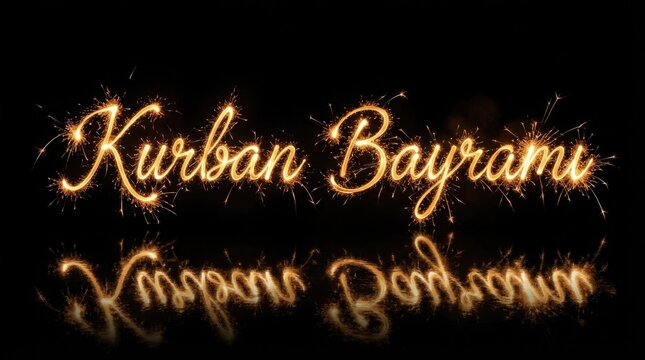 Kurban bayrami sparkling text with golden firework effects on black background