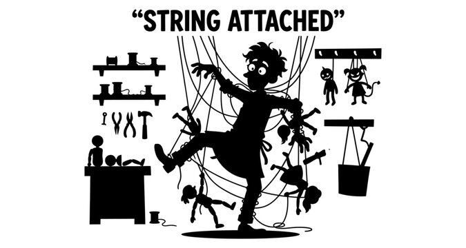 Puppeteer entangled in strings with puppets in workshop vector silhouette