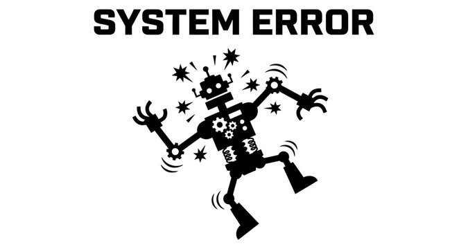 Robot silhouette with sparks during system error against white background conceptualizing technical failure