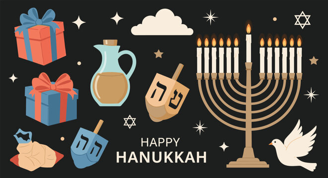 Hanukkah celebration icons including a large golden menorah with lit candles, gift boxes, oil pitcher, dreidels, and a white dove on a dark night sky.