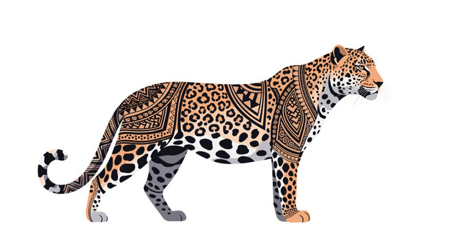 Majestic leopard profile illustration decorated with intricate tribal and geometric patterns across its body against a solid white background.